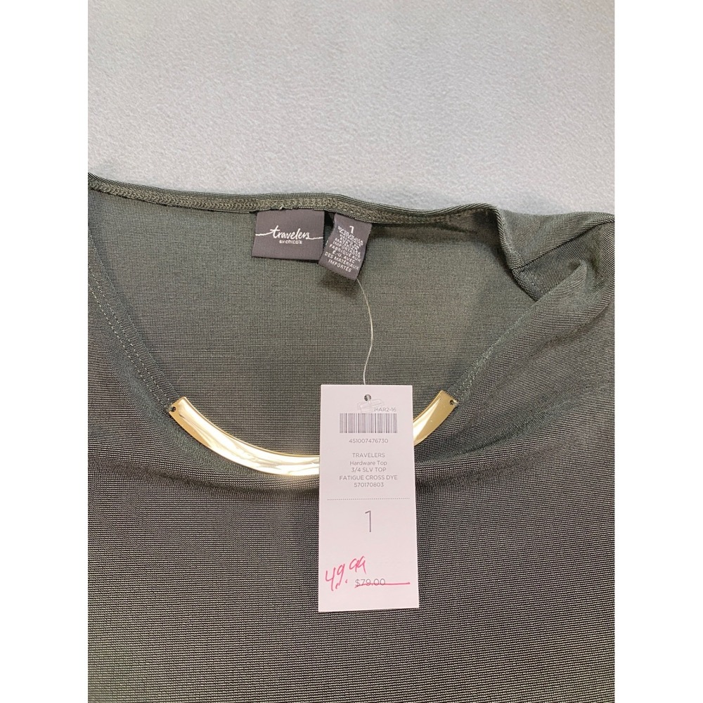 Chicos Travelers Green Liquid‎ Slinky Knit 3/4 Sleeve Blouse Size Medium 1 NWT - Picture 4 of 8